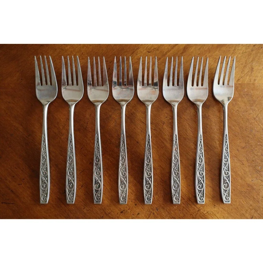 Lot 8x Imperial International IIC DAVOS Stainless Black Floral Salad Fork 6.25